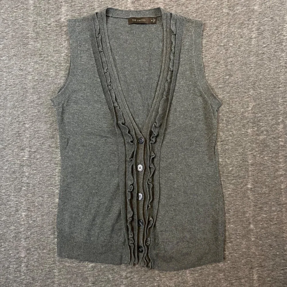 VTG Sweater Vest Size XS The Limited Gray Ruffle Button Sleeveless Cardigan Top - Picture 1 of 6